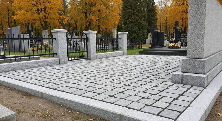 Благоустройство захоронений в Нижневартовске — мощение гранитной плиткой, цоколь и ограда на ухоженном участке