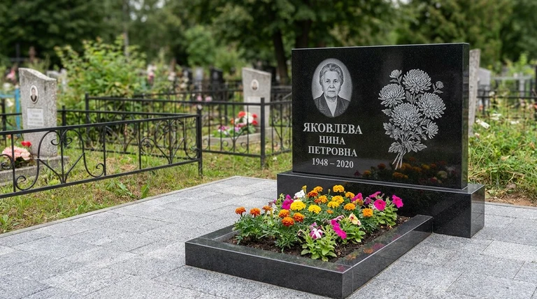 Гравировка хризантем на памятник в Нижневартовске — пример работы на граните