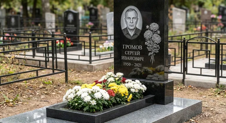 Памятник с гравировкой хризантем — выполненная работа «Громов» в Нижневартовске