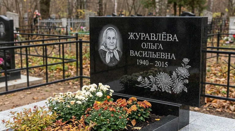 Памятник с гравировкой хризантем — выполненная работа «Журавлёва» в Нижневартовске