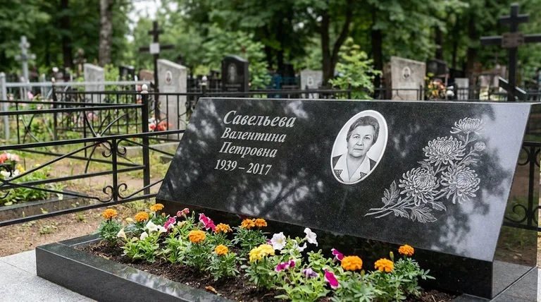 Памятник с гравировкой хризантем — выполненная работа «Савельева» в Нижневартовске