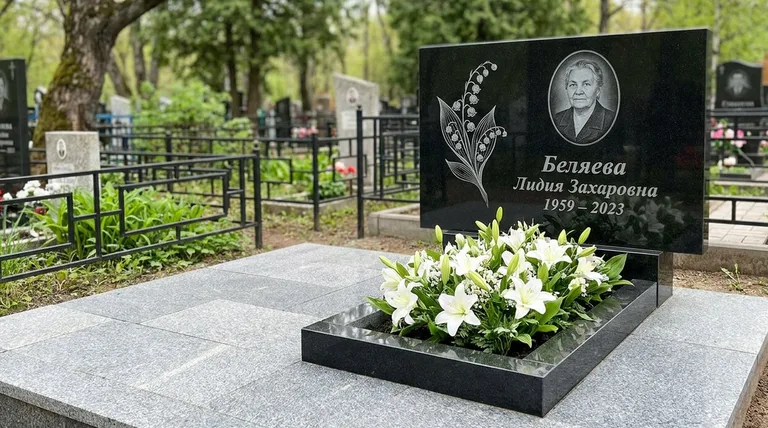 Памятник с гравировкой ландышей — выполненная работа «Беляева» в Нижневартовске
