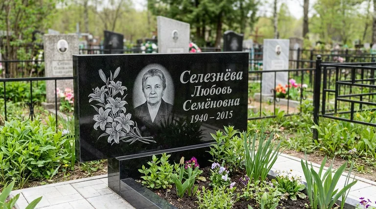 Памятник с гравировкой лилий — выполненная работа «Селезнёва» в Нижневартовске