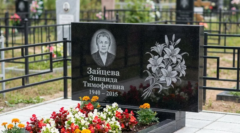 Памятник с гравировкой лилий — выполненная работа «Зайцева» в Нижневартовске