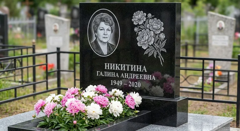 Памятник с гравировкой пионов — выполненная работа «Никитина» в Нижневартовске