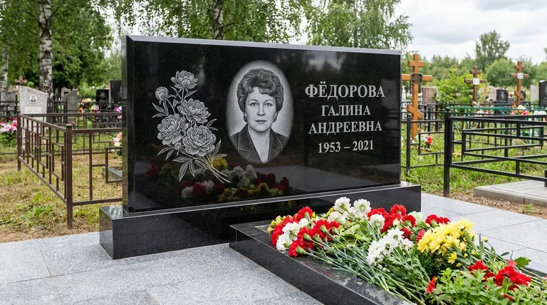 Памятник с гравировкой пионов — выполненная работа «Фёдорова» в Нижневартовске