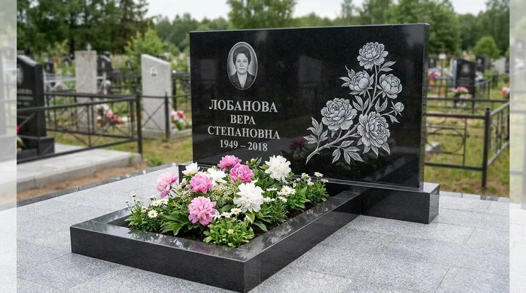 Памятник с гравировкой пионов — выполненная работа «Лобанова» в Нижневартовске