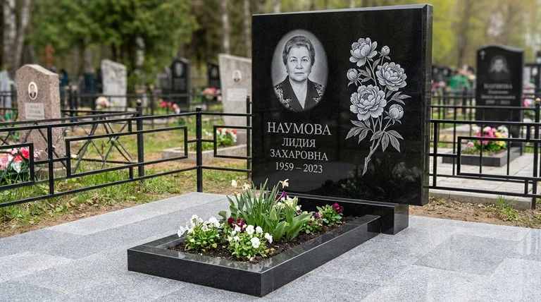 Памятник с гравировкой пионов — выполненная работа «Наумова» в Нижневартовске