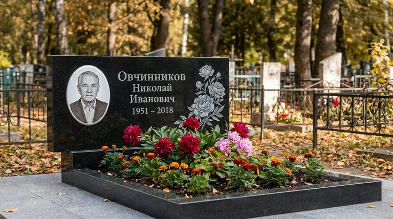 Памятник с гравировкой пионов — выполненная работа «Овчинников» в Нижневартовске