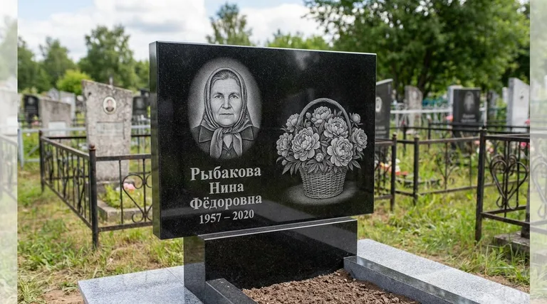 Памятник с гравировкой пионов — выполненная работа «Рыбакова» в Нижневартовске