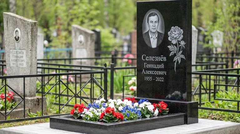 Памятник с гравировкой пионов — выполненная работа «Селезнёв» в Нижневартовске