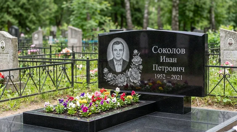 Памятник с гравировкой пионов — выполненная работа «Соколов» в Нижневартовске