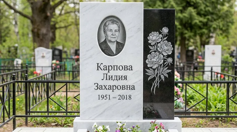 Памятник с гравировкой пионов — выполненная работа «Карпова» в Нижневартовске