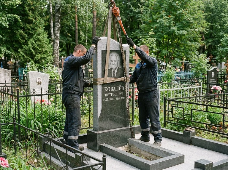 Демонтаж памятника на кладбище в Нижневартовске — бригада аккуратно снимает старый гранитный памятник с могилы