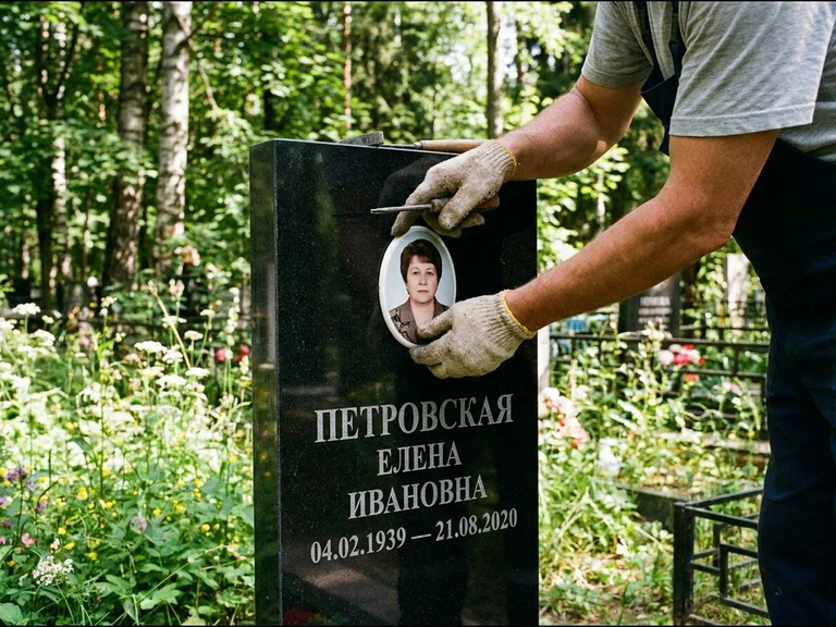 Фото на керамике на памятник в Нижневартовске — мастер устанавливает овальный керамический портрет на гранитный памятник