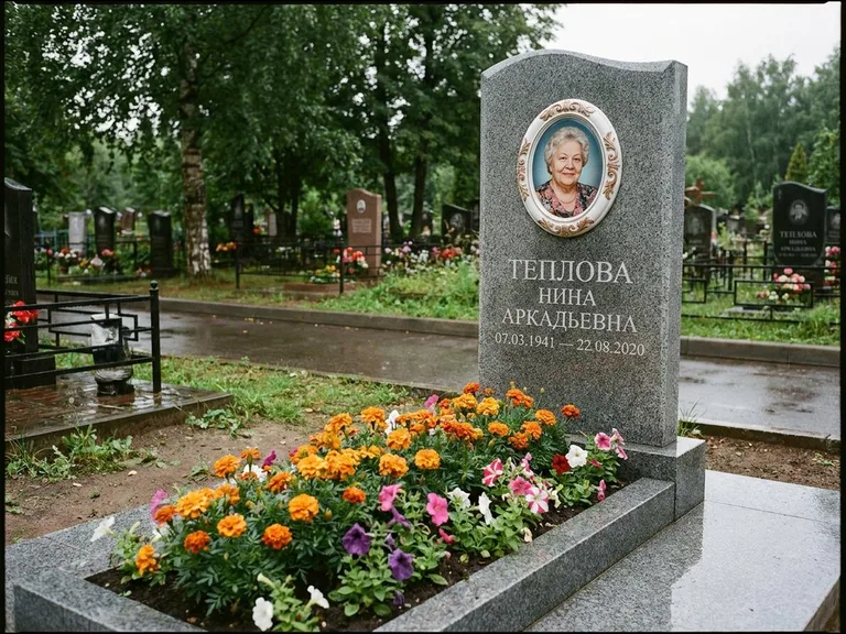 Керамический портрет на памятнике с цветами в Нижневартовске