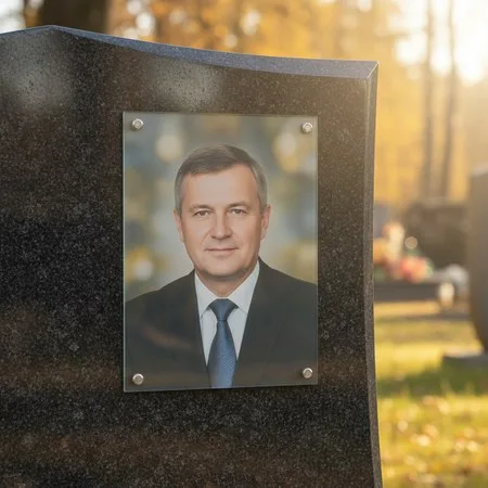 Портрет на стекле на держателях на чёрном граните в Нижневартовске