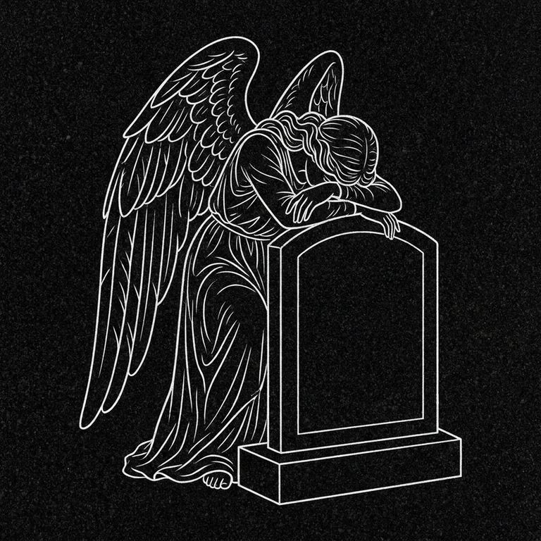 Эскиз гравировки ангела на памятник — печальный ангел у плиты в Нижневартовске