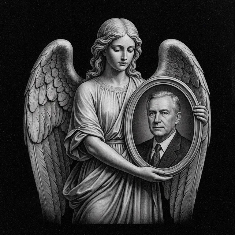 Эскиз гравировки ангела на памятник — объёмный ангел с портретом в Нижневартовске