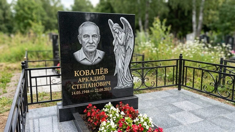 Гравировка ангела на памятник в Нижневартовске — памятник из чёрного гранита с гравировкой