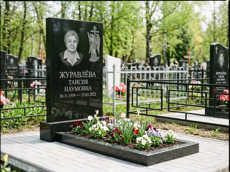 Памятник с гравировкой ангела — гравировка ангела с голубем по диагонали стелы, работа «Журавлёва» в Нижневартовске