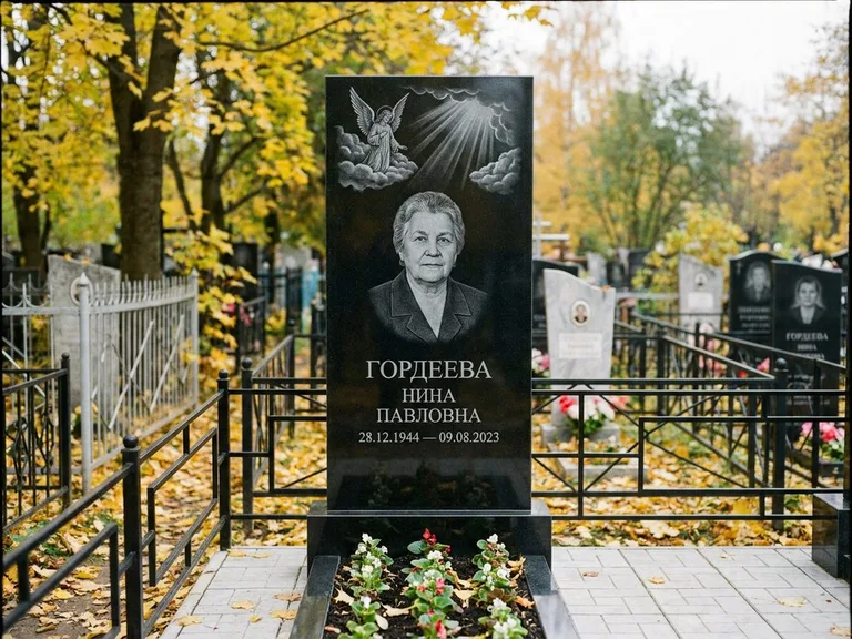 Памятник с гравировкой ангела — гравировка ангела в облаках с лучами над портретом, работа «Гордеева» в Нижневартовске