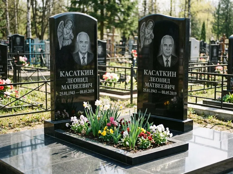 Памятник с гравировкой ангела — гравировка молящегося ангела в верхней части стелы, работа «Касаткин» в Нижневартовске