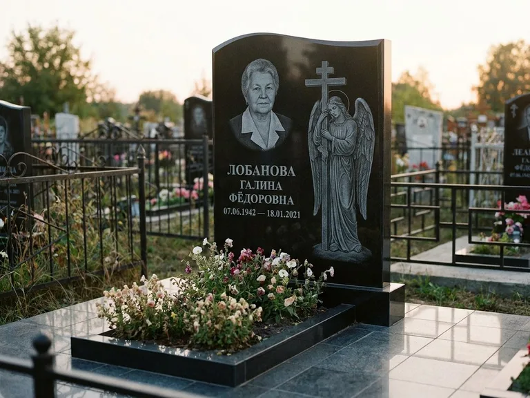 Памятник с гравировкой ангела — гравировка ангела с крестом рядом с эпитафией, работа «Лобанова» в Нижневартовске
