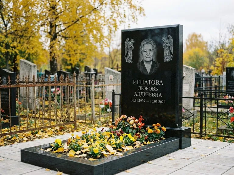 Памятник с гравировкой ангела — гравировка двух ангелов по сторонам портрета, работа «Игнатова» в Нижневартовске