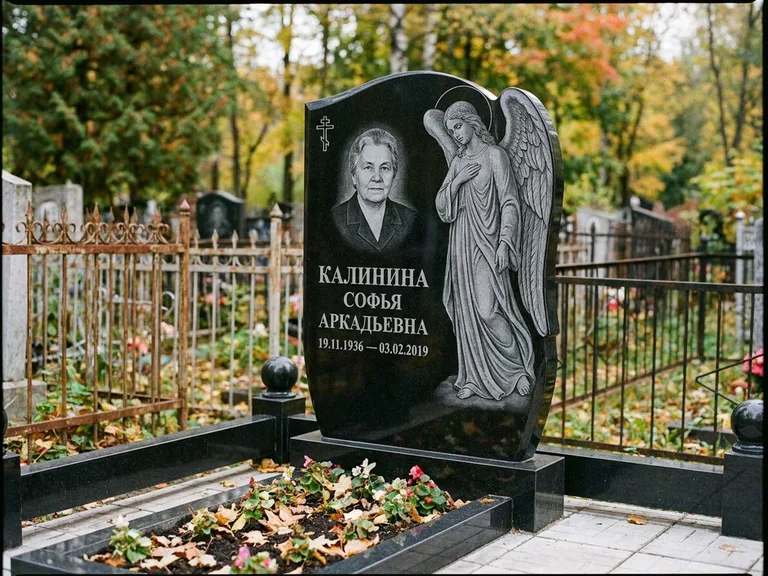 Памятник с гравировкой ангела — гравировка ангела с крестом рядом с эпитафией, работа «Игнатова» в Нижневартовске
