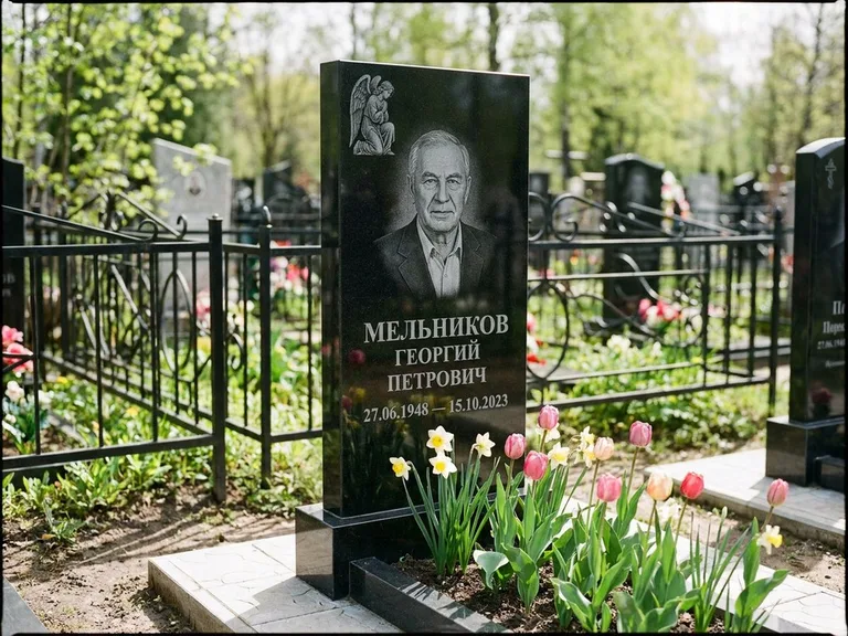 Памятник с гравировкой ангела — гравировка ангела с голубем по диагонали стелы, работа «Доронин» в Нижневартовске