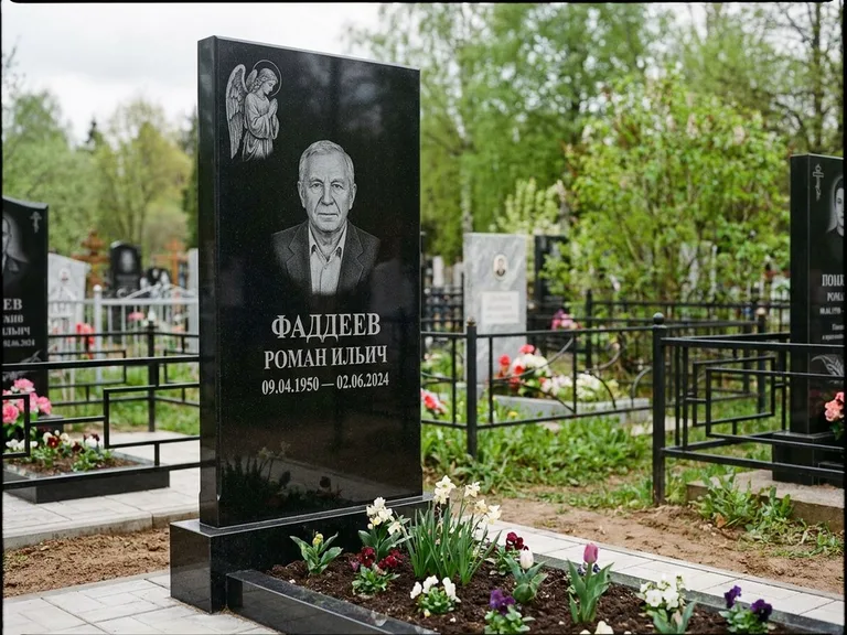 Памятник с гравировкой ангела — гравировка молящегося ангела в верхней части стелы, работа «Фаддеев» в Нижневартовске