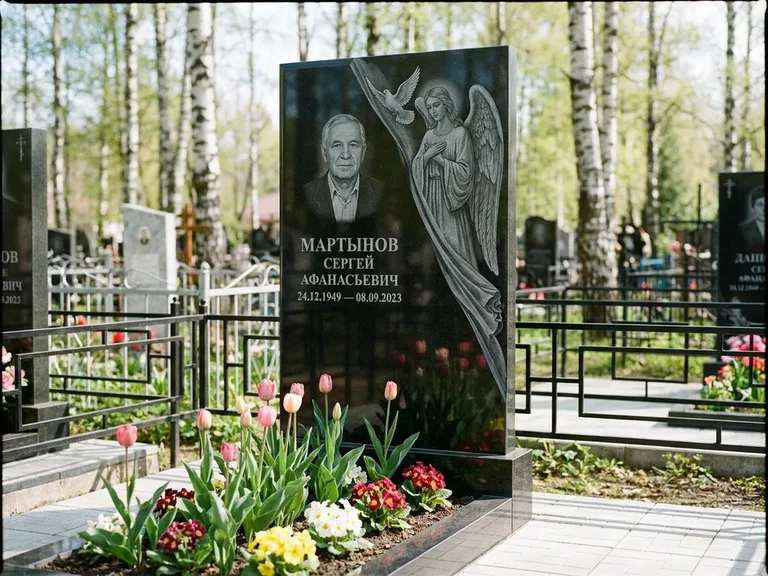 Памятник с гравировкой ангела — гравировка двух ангелов по сторонам портрета, работа «Касаткин» в Нижневартовске
