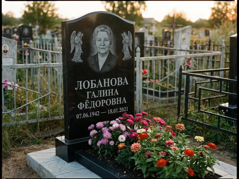Памятник с гравировкой ангела — гравировка двух ангелов по сторонам портрета, работа «Лобанова» в Нижневартовске
