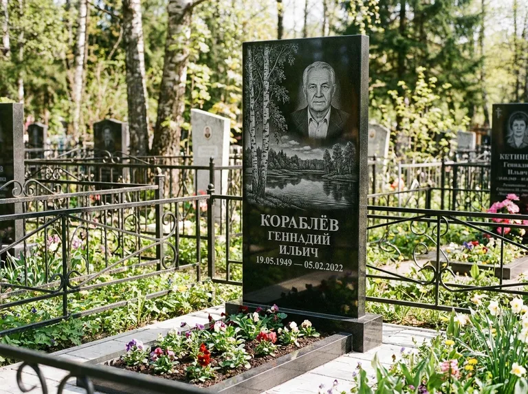 Памятник с гравировкой берёзы — гравировка берёзы у зеркального озера, работа «Кораблёв» в Нижневартовске