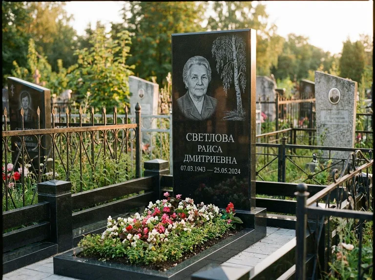 Памятник с гравировкой берёзы — гравировка плакучей берёзы с тонкими ветвями, работа «Светлова» в Нижневартовске