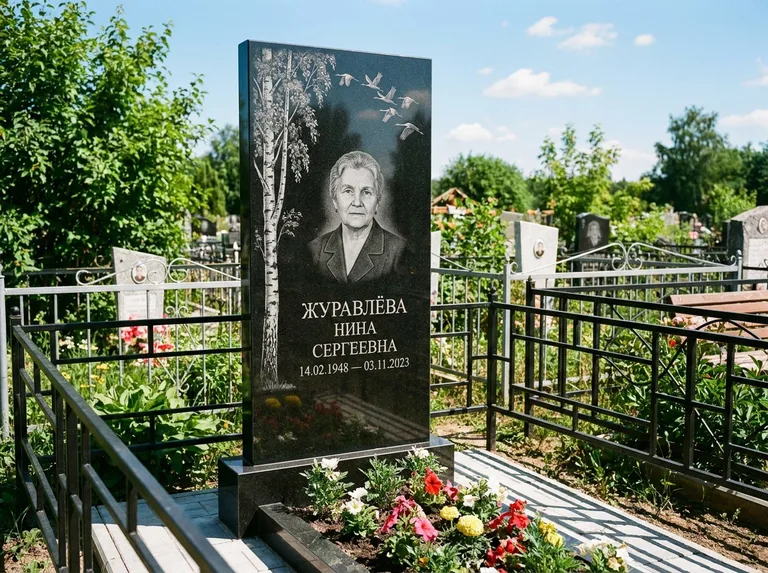 Памятник с гравировкой берёзы — гравировка берёзы с журавлиным клином в небе, работа «Журавлёва» в Нижневартовске