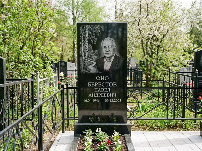 Памятник с гравировкой берёзы — гравировка берёзы у тропинки, уходящей вдаль, работа «Берестов» в Нижневартовске