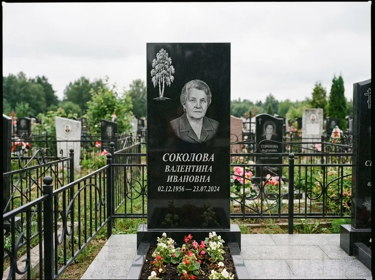 Памятник с гравировкой берёзы — гравировка одинокой берёзы над именем, работа «Соколова» в Нижневартовске