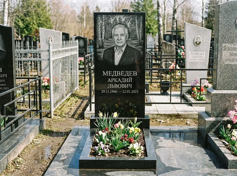 Памятник с гравировкой берёзы — гравировка берёзовой рощи в глубину, работа «Медведев» в Нижневартовске