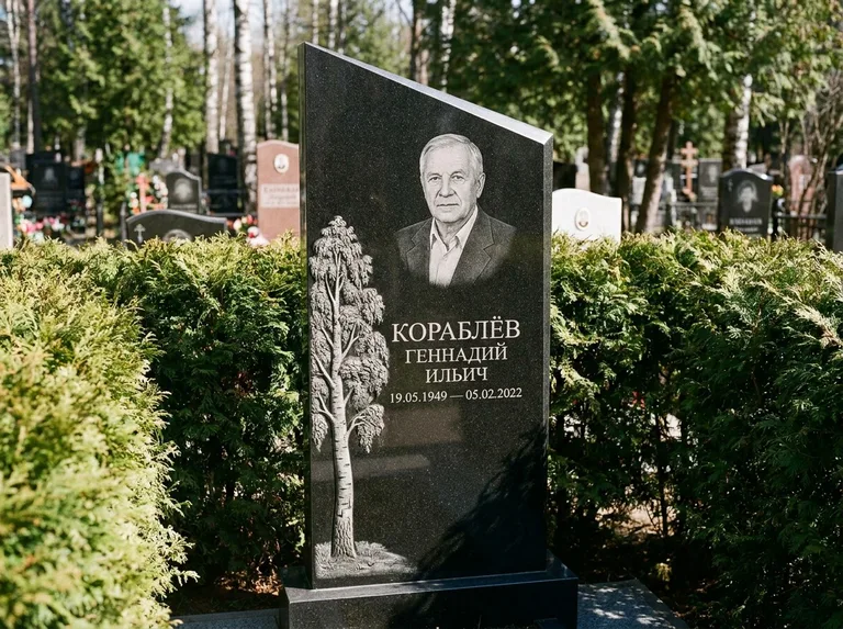 Памятник с гравировкой берёзы: асимметричная скошенная стела — объёмная одинокая берёза с фактурной корой, живая изгородь из туи, работа «Кораблёв» в Нижневартовске