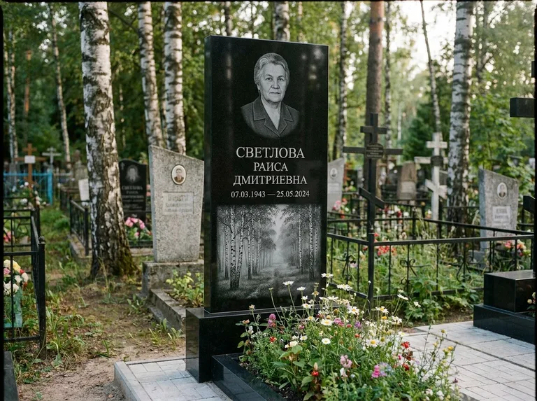 Памятник с гравировкой берёзы: двойная семейная стела — берёзовая роща в лёгкой дымке, цветник с полевыми цветами, работа «Светлова» в Нижневартовске