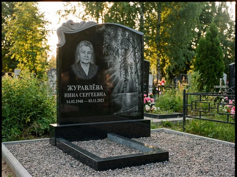 Памятник с гравировкой берёзы: стела с фигурным резным верхом — плакучая берёза в контровом свете, гравийная отсыпка, рассвет, работа «Журавлёва» в Нижневартовске