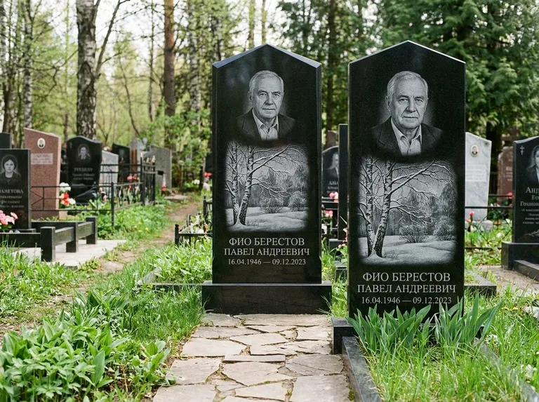 Памятник с гравировкой берёзы: массивная стела с двускатным навершием — зимняя берёза, снег на ветвях, дорожка из природного плитняка, работа «Берестов» в Нижневартовске