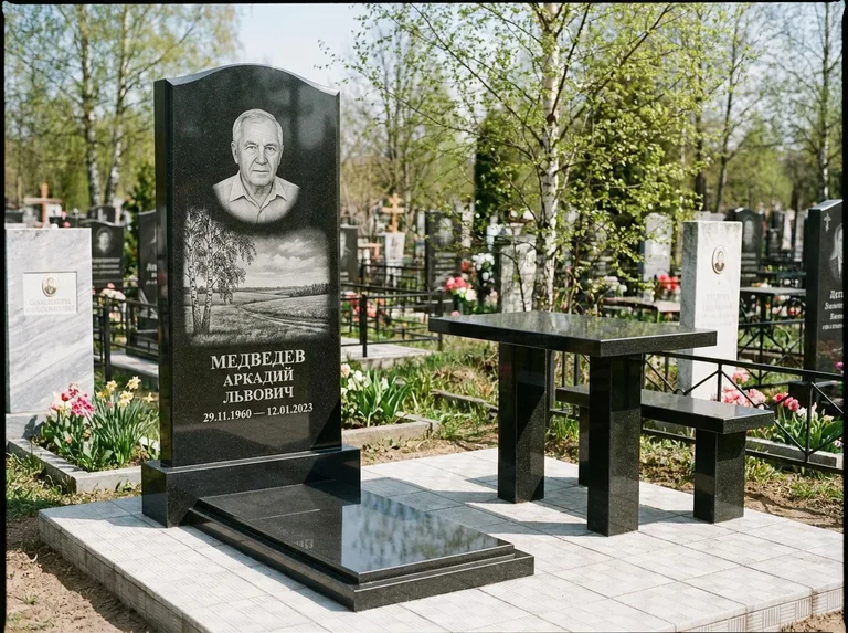 Памятник с гравировкой берёзы: стела с гранитным столиком и скамьёй — берёза у поля, простор до горизонта, семейный участок с плиткой, работа «Медведев» в Нижневартовске