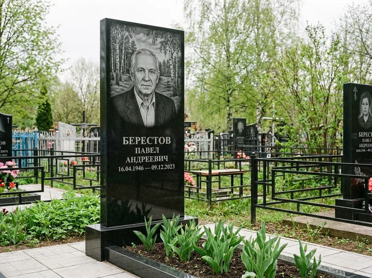 Памятник с гравировкой берёзы — гравировка берёзовой рощи в глубину, работа «Берестов» в Нижневартовске