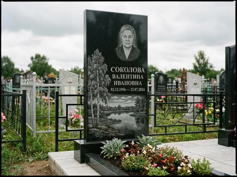 Памятник с гравировкой берёзы — гравировка берёзы у зеркального озера, работа «Соколова» в Нижневартовске