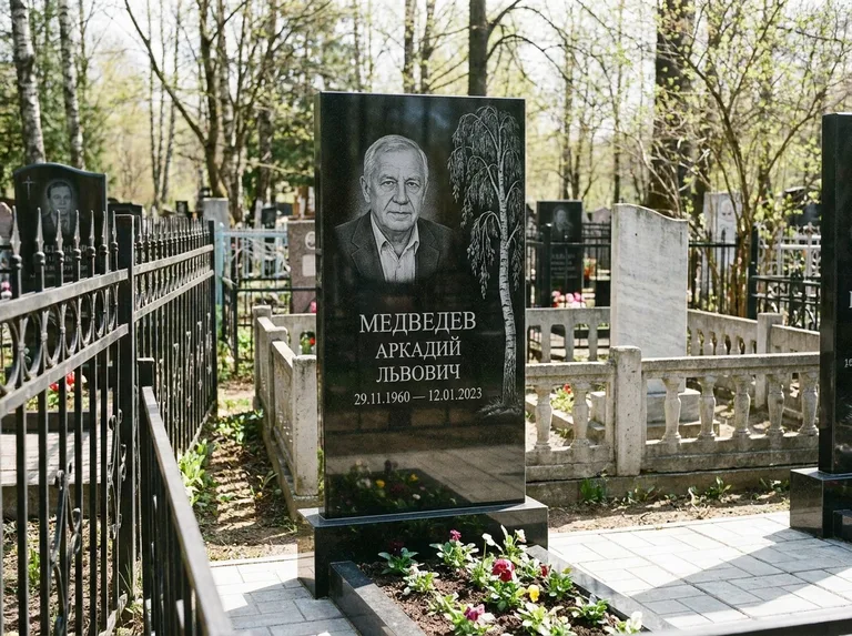 Памятник с гравировкой берёзы — гравировка плакучей берёзы с тонкими ветвями, работа «Медведев» в Нижневартовске