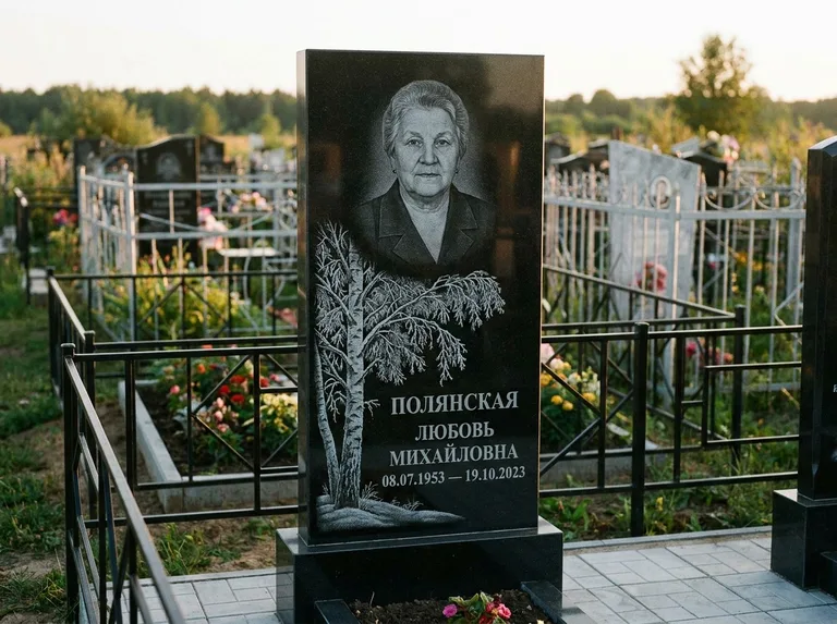 Памятник с гравировкой берёзы — гравировка зимней берёзы в инее, работа «Полянская» в Нижневартовске