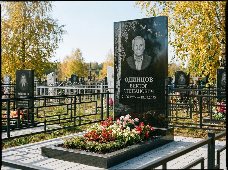 Памятник с гравировкой берёзы — гравировка берёзы с журавлиным клином в небе, работа «Одинцов» в Нижневартовске